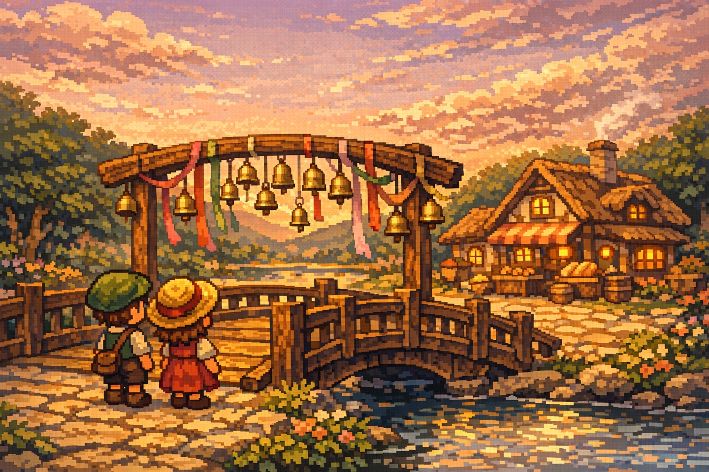 雾铃小镇的发布主视觉：黄昏桥边挂着风铃和布条，村民站在桥前看向发光的面包房与河面。